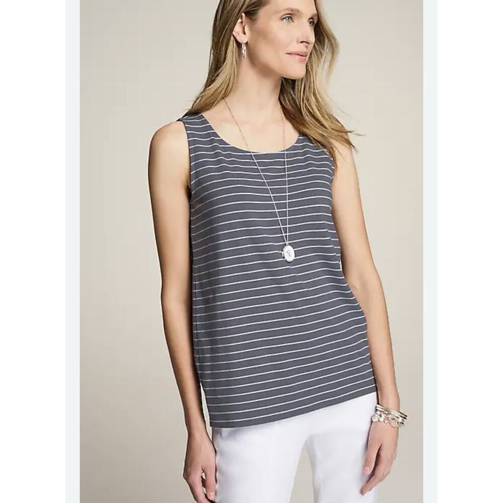 NWT J. Jill Pima Stretch Knit Tank Grayish Blue White Stripe Sleeveless Top XS